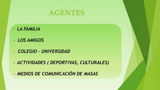 AGENTES
- LA FAMILIA
- LOS AMIGOS
- COLEGIO – UNIVERSIDAD
- ACTIVIDADES ( DEPORTIVAS, CULTURALES)
- MEDIOS DE COMUNICACIÓN DE MASAS
 