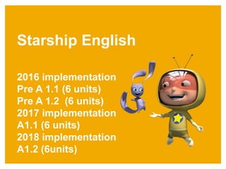 Starship English
2016 implementation
Pre A 1.1 (6 units)
Pre A 1.2 (6 units)
2017 implementation
A1.1 (6 units)
2018 implementation
A1.2 (6units)
 