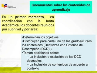 En un primer momento, en
coordinación con la Junta
Académica, los docentes reunidos
por subnivel y por área:
Lineamientos sobre los contenidos de
aprendizaje
•Determinan los objetivos
•Distribuyen para cada uno de los grados/cursos
los contenidos (Destrezas con Criterios de
Desempeño (DCD) )
•Toman decisiones sobre:
– La inclusión o exclusión de las DCD
deseables
– La Inclusión de contenidos de acuerdo al
contexto
 