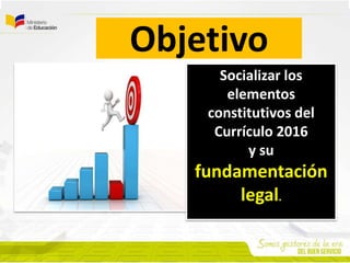 Objetivo
Socializar los
elementos
constitutivos del
Currículo 2016
y su
fundamentación
legal.
 