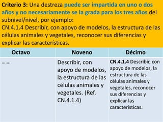 Octavo Noveno Décimo
……. Describir, con
apoyo de modelos,
la estructura de las
células animales y
vegetales. (Ref.
CN.4.1.4)
CN.4.1.4 Describir, con
apoyo de modelos, la
estructura de las
células animales y
vegetales, reconocer
sus diferencias y
explicar las
características.
Criterio 3: Una destreza puede ser impartida en uno o dos
años y no necesariamente se la grada para los tres años del
subnivel/nivel, por ejemplo:
CN.4.1.4 Describir, con apoyo de modelos, la estructura de las
células animales y vegetales, reconocer sus diferencias y
explicar las características.
 