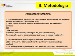 3. Metodología
PREGUNTAS ORIENTADORAS:
¿Cómo se desarrollan las destrezas con criterio de desempeño en los diferentes
ámbitos de desarrollo y aprendizaje, áreas?
¿Cuáles son los métodos, técnicas a ser desarrollados por cada área?
Ejemplo:
ABP
Clase invertida
Rutinas de pensamiento ( estrategias del pensamiento crítico)
Juego de roles y otras estrategias que favorezcan el trabajo colaborativo
¿Qué características debe cumplir un ambiente de aprendizaje?
¿Cómo articular los diferentes elementos curriculares a la metodología
empleada?
¿Qué estrategias se implementarán para elevar los resultados de aprendizaje?
 