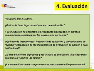 4. Evaluación
PREGUNTAS ORIENTADORAS:
¿Cuál es la base legal para el proceso de evaluación?
¿ La institución ha analizado los resultados alcanzados en pruebas
estandarizadas emitidas por los organismos pertinente?
¿Qué tipo de instrumentos, frecuencia de aplicación y procedimiento de
revisión y aprobación de los instrumentos de evaluación se aplican a nivel
institucional?
¿Cómo se informa el proceso y resultados de evaluación a los docentes,
estudiantes y padres de familia?
¿La evaluación cuenta con procesos de retroalimentación permanente?
 