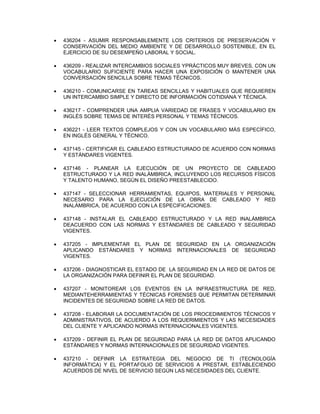  436204 - ASUMIR RESPONSABLEMENTE LOS CRITERIOS DE PRESERVACIÓN Y
CONSERVACIÓN DEL MEDIO AMBIENTE Y DE DESARROLLO SOSTENIBLE, EN EL
EJERCICIO DE SU DESEMPEÑO LABORAL Y SOCIAL.
 436209 - REALIZAR INTERCAMBIOS SOCIALES YPRÁCTICOS MUY BREVES, CON UN
VOCABULARIO SUFICIENTE PARA HACER UNA EXPOSICIÓN O MANTENER UNA
CONVERSACIÓN SENCILLA SOBRE TEMAS TÉCNICOS.
 436210 - COMUNICARSE EN TAREAS SENCILLAS Y HABITUALES QUE REQUIEREN
UN INTERCAMBIO SIMPLE Y DIRECTO DE INFORMACIÓN COTIDIANA Y TÉCNICA.
 436217 - COMPRENDER UNA AMPLIA VARIEDAD DE FRASES Y VOCABULARIO EN
INGLÉS SOBRE TEMAS DE INTERÉS PERSONAL Y TEMAS TÉCNICOS.
 436221 - LEER TEXTOS COMPLEJOS Y CON UN VOCABULARIO MÁS ESPECÍFICO,
EN INGLÉS GENERAL Y TÉCNICO.
 437145 - CERTIFICAR EL CABLEADO ESTRUCTURADO DE ACUERDO CON NORMAS
Y ESTÁNDARES VIGENTES.
 437146 - PLANEAR LA EJECUCIÓN DE UN PROYECTO DE CABLEADO
ESTRUCTURADO Y LA RED INALÁMBRICA, INCLUYENDO LOS RECURSOS FÍSICOS
Y TALENTO HUMANO, SEGÚN EL DISEÑO PREESTABLECIDO.
 437147 - SELECCIONAR HERRAMIENTAS, EQUIPOS, MATERIALES Y PERSONAL
NECESARIO PARA LA EJECUCIÓN DE LA OBRA DE CABLEADO Y RED
INALÁMBRICA, DE ACUERDO CON LA ESPECIFICACIONES.
 437148 - INSTALAR EL CABLEADO ESTRUCTURADO Y LA RED INALÁMBRICA
DEACUERDO CON LAS NORMAS Y ESTÁNDARES DE CABLEADO Y SEGURIDAD
VIGENTES.
 437205 - IMPLEMENTAR EL PLAN DE SEGURIDAD EN LA ORGANIZACIÓN
APLICANDO ESTÁNDARES Y NORMAS INTERNACIONALES DE SEGURIDAD
VIGENTES.
 437206 - DIAGNOSTICAR EL ESTADO DE LA SEGURIDAD EN LA RED DE DATOS DE
LA ORGANIZACIÓN PARA DEFINIR EL PLAN DE SEGURIDAD.
 437207 - MONITOREAR LOS EVENTOS EN LA INFRAESTRUCTURA DE RED,
MEDIANTEHERRAMIENTAS Y TÉCNICAS FORENSES QUE PERMITAN DETERMINAR
INCIDENTES DE SEGURIDAD SOBRE LA RED DE DATOS.
 437208 - ELABORAR LA DOCUMENTACIÓN DE LOS PROCEDIMIENTOS TÉCNICOS Y
ADMINISTRATIVOS, DE ACUERDO A LOS REQUERIMIENTOS Y LAS NECESIDADES
DEL CLIENTE Y APLICANDO NORMAS INTERNACIONALES VIGENTES.
 437209 - DEFINIR EL PLAN DE SEGURIDAD PARA LA RED DE DATOS APLICANDO
ESTÁNDARES Y NORMAS INTERNACIONALES DE SEGURIDAD VIGENTES.
 437210 - DEFINIR LA ESTRATEGIA DEL NEGOCIO DE TI (TECNOLOGÍA
INFORMÁTICA) Y EL PORTAFOLIO DE SERVICIOS A PRESTAR, ESTABLECIENDO
ACUERDOS DE NIVEL DE SERVICIO SEGÚN LAS NECESIDADES DEL CLIENTE.
 