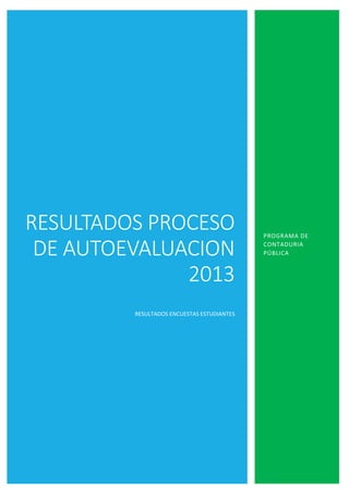 RESULTADOS PROCESO
DE AUTOEVALUACION
2013
RESULTADOS ENCUESTAS ESTUDIANTES
PROGRAMA DE
CONTADURIA
PÚBLICA
 