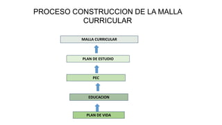 PROCESO CONSTRUCCION DE LA MALLA
CURRICULAR
MALLA CURRICULAR

PLAN DE ESTUDIO

PEC

EDUCACION

PLAN DE VIDA

 