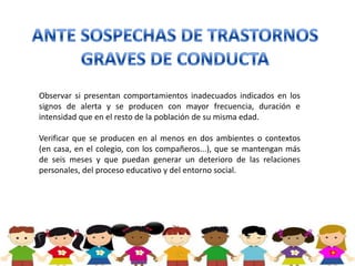 Observar si presentan comportamientos inadecuados indicados en los
signos de alerta y se producen con mayor frecuencia, duración e
intensidad que en el resto de la población de su misma edad.

Verificar que se producen en al menos en dos ambientes o contextos
(en casa, en el colegio, con los compañeros...), que se mantengan más
de seis meses y que puedan generar un deterioro de las relaciones
personales, del proceso educativo y del entorno social.
 
