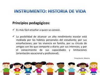 Principios pedagógicos:
 Es más fácil enseñar a quien se conoce.

 La posibilidad de alcanzar un alto rendimiento escolar está
  mediada por los hábitos personales del estudiante; por sus
  ensoñaciones; por las vivencia en familia, por su círculo de
  amigos con los que comparte a diario; por sus intereses; y por
  el conocimiento de sus capacidades y limitaciones
  (orientación vocacional y profesional).
                                                     Presentación: Maestra.
 
