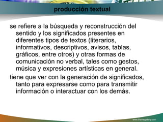 producción textual se refiere a la búsqueda y reconstrucción del sentido y los significados presentes en diferentes tipos de textos (literarios, informativos, descriptivos, avisos, tablas, gráficos, entre otros) y otras formas de comunicación no verbal, tales como gestos, música y expresiones artísticas en general. tiene que ver con la generación de significados, tanto para expresarse como para transmitir información o interactuar con los demás. www.themegallery.com 