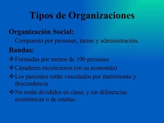 Tipos de Organizaciones Organización Social:  Compuesto por personas, tareas y administración . Bandas: Formadas por menos de 100 personas Cazadores recolectores (en su economía) Los parientes están vinculados por matrimonio y descendencia No están divididos en clase, y sin diferencias económicas o de estatus. 