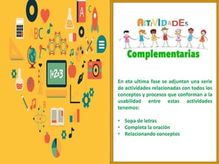 En eta ultima fase se adjuntan una serie
de actividades relacionadas con todos los
conceptos y procesos que conforman a la
usabilidad entre estas actividades
tenemos:
• Sopa de letras
• Completa la oración
• Relacionando conceptos
 