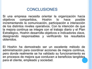 CONCLUSIONES
Si una empresa necesita orientar la organización hacia
objetivos compartidos, Hoshin lo hace posible
incrementando la comunicación, participación e interacción
de los distintos niveles operativos. Con la intención de que
la mejora continua se integre con el trabajo diario y el Plan
Estratégico, Hoshin desarrolla objetivos e indicadores clave,
designando responsables y verificando los resultados
obtenidos.
El Hoshin ha demostrado ser un excelente método de
administración para coordinar acciones de mejora continua,
pero donde realmente se ha validado su funcionamiento es
en procesos de mejora que conducen a beneficios tangibles
para el cliente, empleado y sociedad.
 