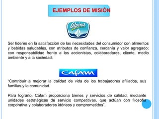 Ser líderes en la satisfacción de las necesidades del consumidor con alimentos
y bebidas saludables, con atributos de confianza, cercanía y valor agregado;
con responsabilidad frente a los accionistas, colaboradores, cliente, medio
ambiente y a la sociedad.
EJEMPLOS DE MISIÓN
“Contribuir a mejorar la calidad de vida de los trabajadores afiliados, sus
familias y la comunidad.
Para lograrlo, Cafam proporciona bienes y servicios de calidad, mediante
unidades estratégicas de servicio competitivas, que actúan con filosofía
corporativa y colaboradores idóneos y comprometidos”.
 