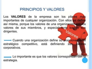 PRINCIPIOS Y VALORES
Los VALORES de la empresa son los pilares más
importantes de cualquier organización. Con ellos se define
así misma, porque los valores de una organización son los
valores de sus miembros, y especialmente los de sus
dirigentes.
Cuando una organización define su posicionamiento
estratégico competitivo, está definiendo sus valores
corporativos.
Lo importante es que los valores correspondan con la
estrategia.
 
