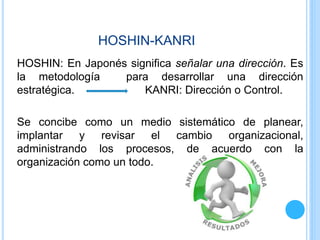 HOSHIN-KANRI
HOSHIN: En Japonés significa señalar una dirección. Es
la metodología para desarrollar una dirección
estratégica. KANRI: Dirección o Control.
Se concibe como un medio sistemático de planear,
implantar y revisar el cambio organizacional,
administrando los procesos, de acuerdo con la
organización como un todo.
 