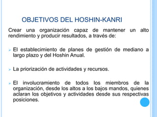 OBJETIVOS DEL HOSHIN-KANRI
Crear una organización capaz de mantener un alto
rendimiento y producir resultados, a través de:
 El establecimiento de planes de gestión de mediano a
largo plazo y del Hoshin Anual.
 La priorización de actividades y recursos.
 El involucramiento de todos los miembros de la
organización, desde los altos a los bajos mandos, quienes
aclaran los objetivos y actividades desde sus respectivas
posiciones.
 