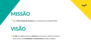 Ser a melhor solução de educação para a construção da sua própria história.
Ser líder nas regiões onde atua, referência de ensino para a melhoria de vida dos
nossos alunos, com rentabilidade e reconhecimento de todos os públicos.
MISSÃO
VISÃO
 