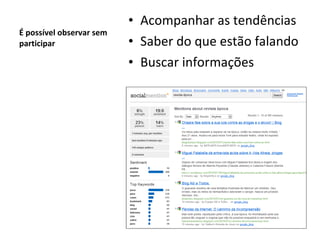 É possível observar sem participar Acompanhar as tendências Saber do que estão falando Buscar informações 