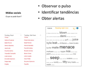 Mídias sociais Observar o pulso Identificar tendências Obter alertas O que se pode fazer? 
