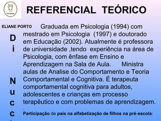 REFERENCIAL TEÓRICO
D
i
N
u
c
c
“
Graduada em Psicologia (1994) com
mestrado em Psicologia (1997) e doutorado
em Educação (2002). Atualmente é professora
de universidade ,tendo experiência na área de
Psicologia, com ênfase em Ensino e
Aprendizagem na Sala de Aula. Ministra
aulas de Analise do Comportamento e Teoria
Comportamental e Cognitiva. É terapeuta
comportamental cognitiva para adultos,
adolescentes e crianças em processo
terapêutico e com problemas de aprendizagem.
.
Participação de pais na alfabetização de filhos na pré-escola:
ELIANE PORTO
 