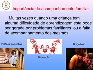 Muitas vezes quando uma criança tem
alguma dificuldade de aprendizagem esta pode
ser gerada por problemas familiares ou a falta
de acompanhamento dos mesmos.
Importância do acompanhamento familiar
Violência domestica
Separação
Drogadição
 