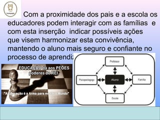 Com a proximidade dos pais e a escola os
educadores podem interagir com as famílias e
com esta inserção indicar possíveis ações
que visem harmonizar esta convivência,
mantendo o aluno mais seguro e confiante no
processo de aprendizagem.
 