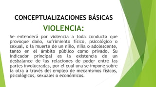 CONCEPTUALIZACIONES BÁSICAS 
VIOLENCIA: 
Se entenderá por violencia a toda conducta que 
provoque daño, sufrimiento físico, psicológico o 
sexual, o la muerte de un niño, niña o adolescente, 
tanto en el ámbito público como privado. Su 
indicador principal es la existencia de un 
desbalance de las relaciones de poder entre las 
partes involucradas, por el cual una se impone sobre 
la otra a través del empleo de mecanismos físicos, 
psicológicos, sexuales o económicos. 
 