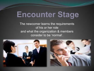 Encounter StageThe newcomer learns the requirements of his or her role and what the organization & members consider to be ‘normal’.