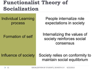 Functionalist Theory of
Socialization
Individual Learning
process
People internalize role
expectations in society
Formation of self
Internalizing the values of
society reinforces social
consensus
Influence of society Society relies on conformity to
maintain social equilibrium
4/23/201311 SOCIALIZATION OF STUDENTS, DEVKOTA S.P.
 
