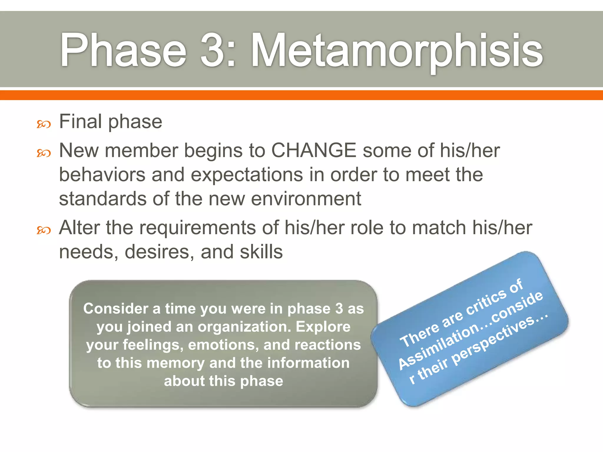  Final phase
 New member begins to CHANGE some of his/her
behaviors and expectations in order to meet the
standards of the new environment
 Alter the requirements of his/her role to match his/her
needs, desires, and skills
Consider a time you were in phase 3 as
you joined an organization. Explore
your feelings, emotions, and reactions
to this memory and the information
about this phase
 