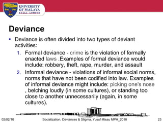 Deviance Types Socialization, Social Control, Deviance & Stigma By Yusuf Abdu Misau | PPT