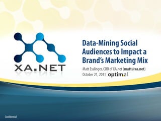 Data-Mining Social
                   Audiences to Impact a
                   Brand’s Marketing Mix
                   Matt Esslinger, COO of XA.net (matt@xa.net)
                   October 21, 2011




    Confidential
Confidential
 