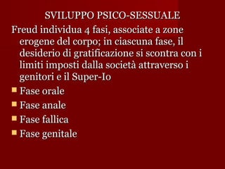 SVILUPPO PSICO-SESSUALE
Freud individua 4 fasi, associate a zone
erogene del corpo; in ciascuna fase, il
desiderio di gratificazione si scontra con i
limiti imposti dalla società attraverso i
genitori e il Super-Io
 Fase orale
 Fase anale
 Fase fallica
 Fase genitale

 