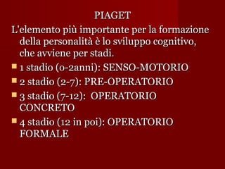 PIAGET
L'elemento più importante per la formazione
della personalità è lo sviluppo cognitivo,
che avviene per stadi.
 1 stadio (o-2anni): SENSO-MOTORIO
 2 stadio (2-7): PRE-OPERATORIO
 3 stadio (7-12): OPERATORIO
CONCRETO
 4 stadio (12 in poi): OPERATORIO
FORMALE

 