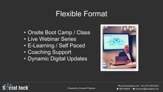 www.SocialJack.com
coachme@socialjack.com@socialjack
Tel: (877) 592-6224
Powered by Forward Progress
Flexible Format
• Onsite Boot Camp / Class
• Live Webinar Series
• E-Learning / Self Paced
• Coaching Support
• Dynamic Digital Updates
 