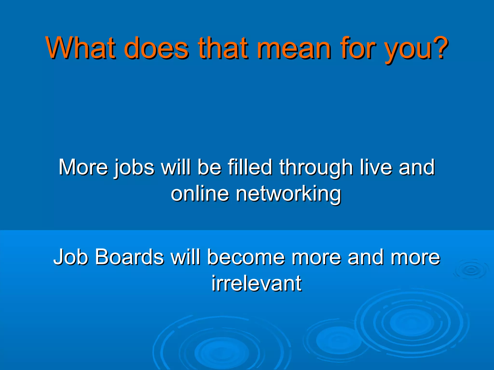 What does that mean for you?

More jobs will be filled through live and
online networking
Job Boards will become more and more
irrelevant

 