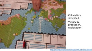 • Colonialism
simulated
• Victory by
production,
exploitation
https://boardgamegeek.com/image/2070251/conquistador
 