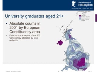 University graduates aged 21+
• Absolute counts in
2001 by European
Constituency area
•

Data source: Analysis of the 2001
Census Key Statistics by local
authority

Education…the sorting out of children

Figure 3.9

 