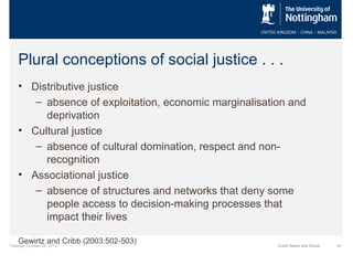 Plural conceptions of social justice . . .
• Distributive justice
– absence of exploitation, economic marginalisation and
deprivation
• Cultural justice
– absence of cultural domination, respect and nonrecognition
• Associational justice
– absence of structures and networks that deny some
people access to decision-making processes that
impact their lives
Gewirtz and Cribb (2003:502-503)

Tuesday, October 29, 2013

Event Name and Venue

14

 