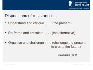 Dispositions of resistance . . .
• Understand and critique . . . . (the present)
• Re-frame and articulate . . . . (the alternative)
• Organise and challenge . . . . (challenge the present
to create the future)
Stevenson (2014)

Tuesday, October 29, 2013

Event Name and Venue

33

 