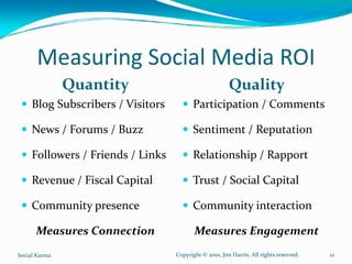 Measuring Social Media ROI
               Quantity                                  Quality
     Blog Subscribers / Visitors          Participation / Comments

     News / Forums / Buzz                 Sentiment / Reputation

     Followers / Friends / Links          Relationship / Rapport

     Revenue / Fiscal Capital             Trust / Social Capital

     Community presence                   Community interaction

      Measures Connection                  Measures Engagement
Social Karma                        Copyright © 2010, Jim Harris. All rights reserved.   12
 