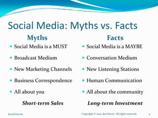 Social Media: Myths vs. Facts
               Myths                                 Facts
     Social Media is a MUST        Social Media is a MAYBE

     Broadcast Medium              Conversation Medium

     New Marketing Channels        New Listening Stations

     Business Correspondence       Human Communication

     All about you                 All about the community

           Short‐term Sales         Long‐term Investment
Social Karma                   Copyright © 2010, Jim Harris. All rights reserved.   4
 