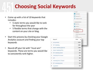 Choosing Social Keywords
• Come up with a list of 10 keywords that
  includes:
    • 5 static terms you would like to rank
       for throughout the year
    • 5 flexible terms that change with the
       content on your site or blog.

• Start this process by checking your Google
  Analytics account and finding your top
  keywords

• Round off your list with “must win”
  keywords. These are terms you would like
  to consistently rank higher.
 