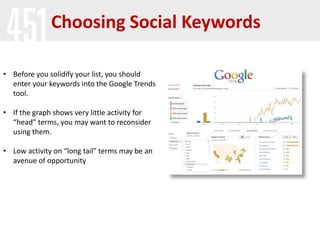 Choosing Social Keywords

• Before you solidify your list, you should
  enter your keywords into the Google Trends
  tool.

• If the graph shows very little activity for
  “head” terms, you may want to reconsider
  using them.

• Low activity on “long tail” terms may be an
  avenue of opportunity
 