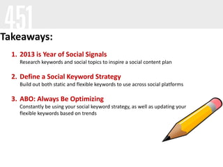 Takeaways:
  1. 2013 is Year of Social Signals
    Research keywords and social topics to inspire a social content plan

  2. Define a Social Keyword Strategy
    Build out both static and flexible keywords to use across social platforms

  3. ABO: Always Be Optimizing
    Constantly be using your social keyword strategy, as well as updating your
    flexible keywords based on trends
 