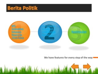 2
KPK             Hari Sabarno
Selamatkan      Bersikukuh
Kekayaan        Tidak Terlibat           Kesimpulan
Negara Rp       Korupsi
153,9 Triliun




                  We have features for every step of the way
 