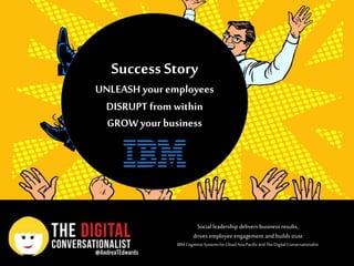 Success Story
UNLEASH your employees
DISRUPT from within
GROW your business
Social leadership delivers business results,
drives employee engagement andbuilds trust
IBM CognitiveSystemsforCloudAsiaPacific andThe DigitalConversationalist
 