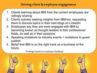 Drivingclient &employee engagement
1. Clients learning about IBM from the content employees are
willingly sharing
2. Clien...