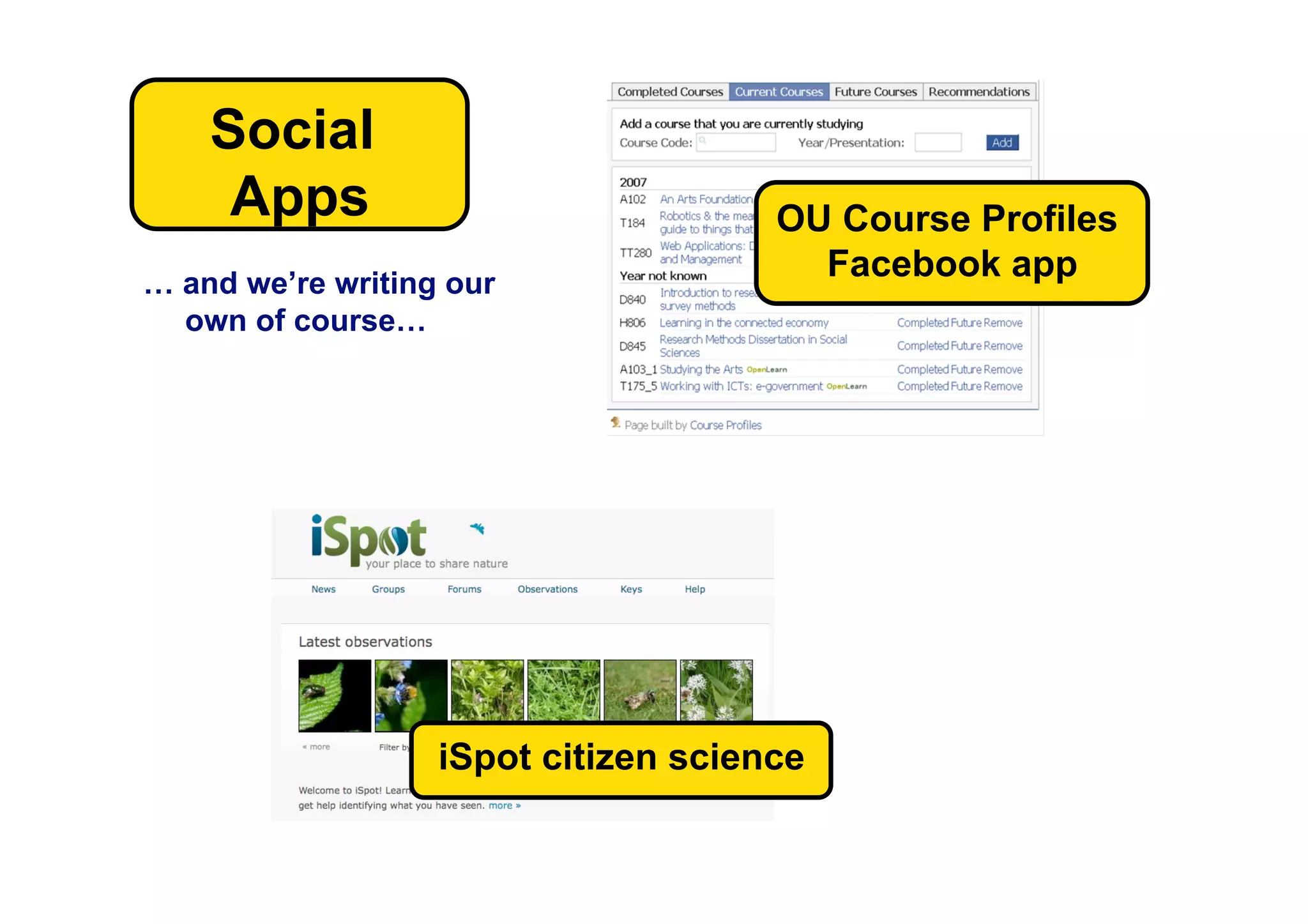 Social
     Apps                             OU Course Profiles
… and we’re writing our
                                        Facebook app
  own of course…




                   iSpot citizen science
 