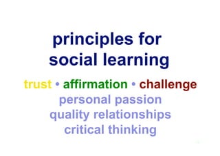 principles for
social learning
12
trust • affirmation • challenge
personal passion
quality relationships
critical thinking
 